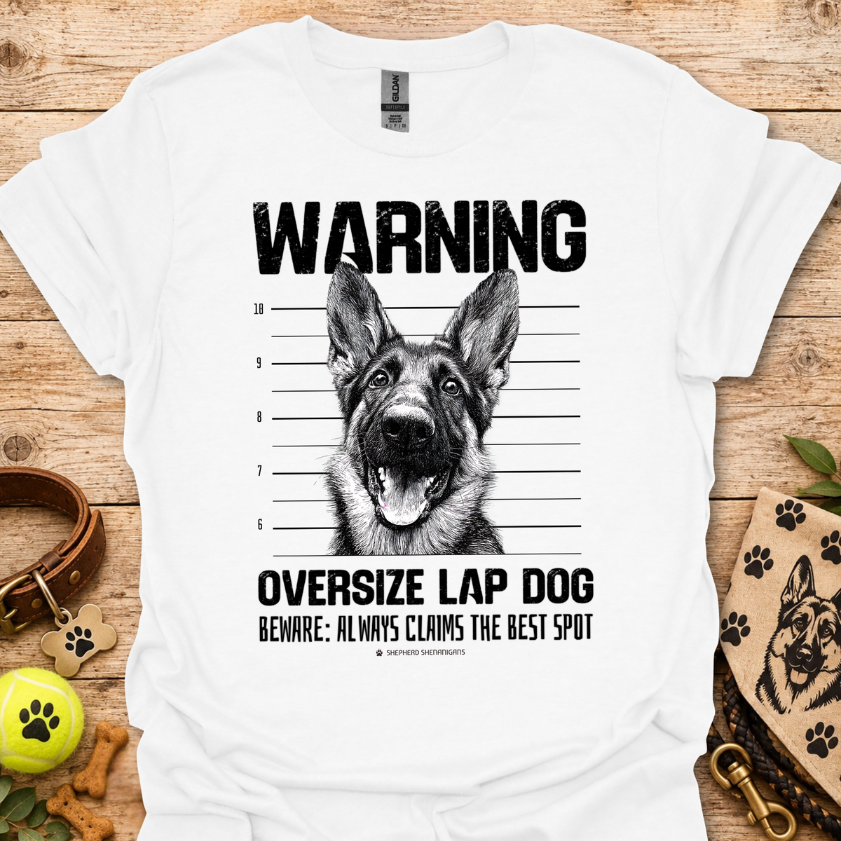 White T-shirt with black warning dog graphic and oversize lap dog text