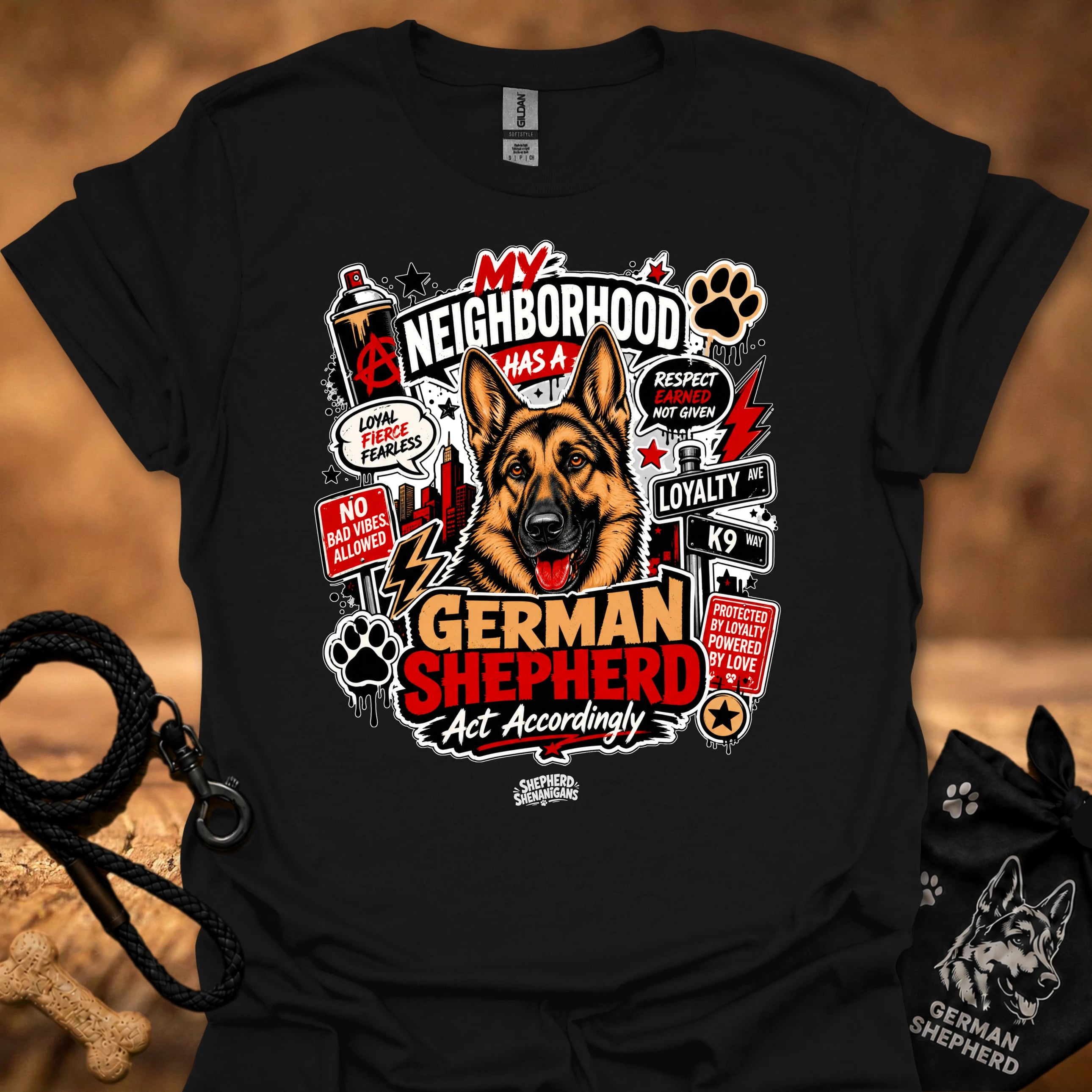Black graphic T-shirt with German Shepherd front print and paw icons