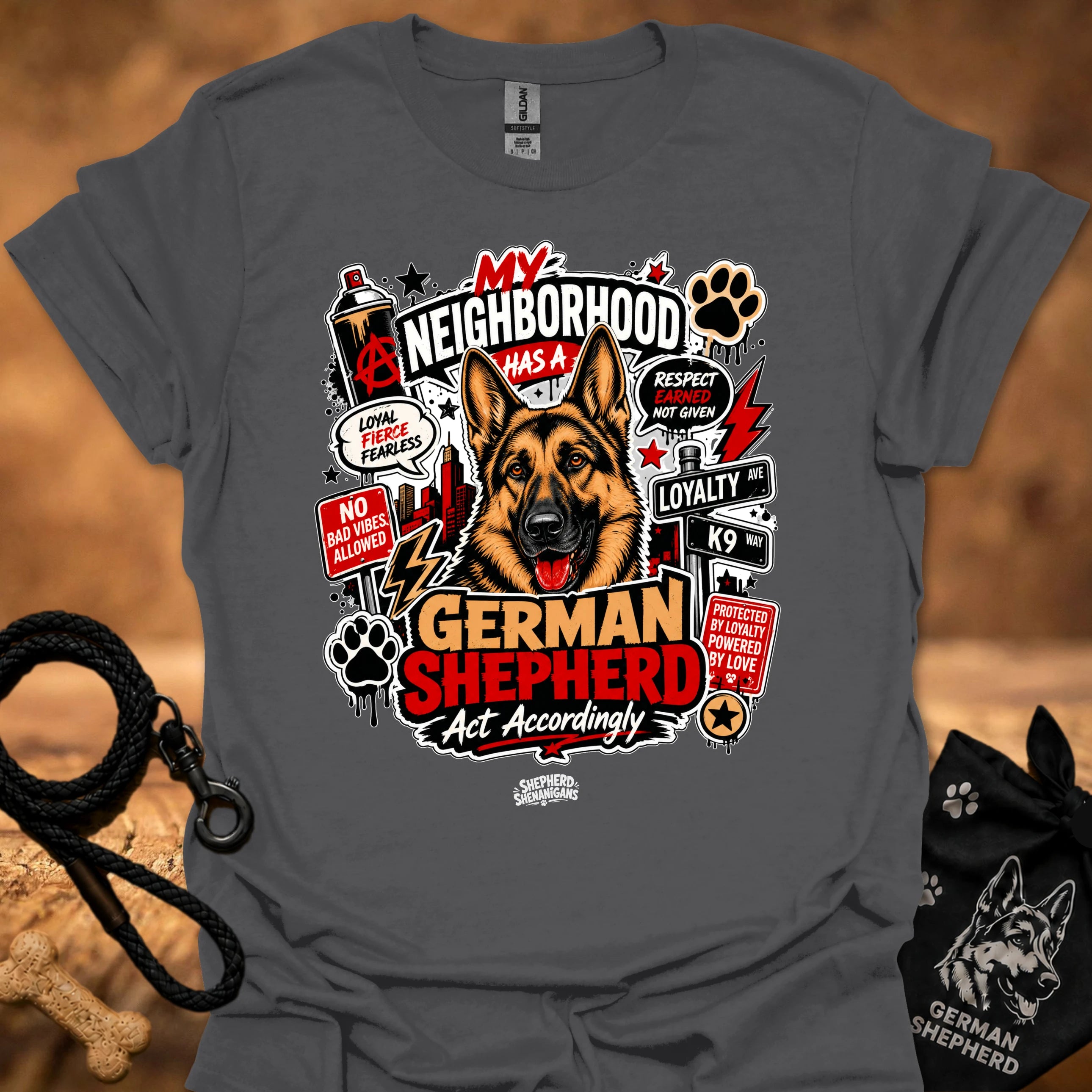 Charcoal graphic T-shirt with German Shepherd front print and paw icons