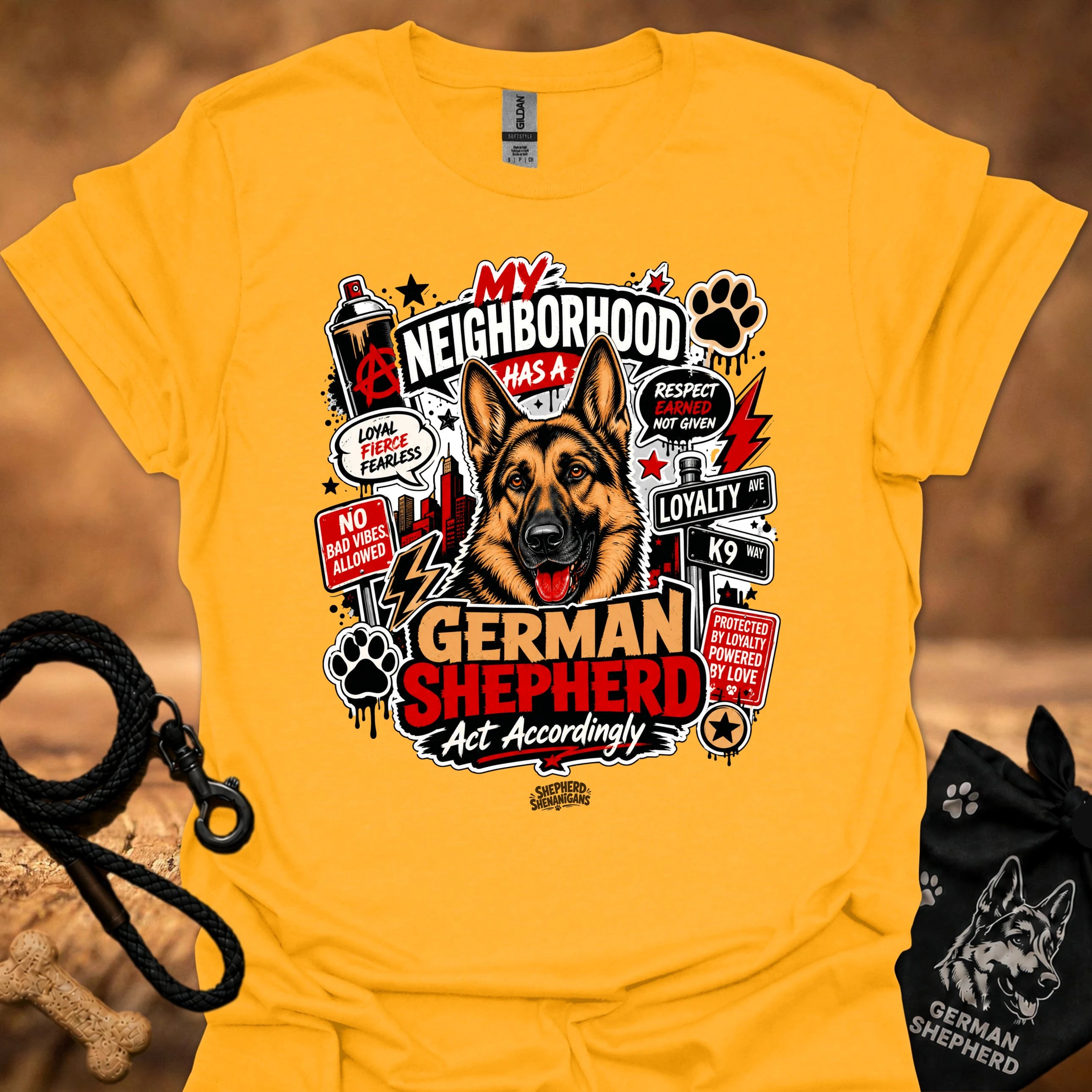 Gold graphic T-shirt with German Shepherd front print and paw icons