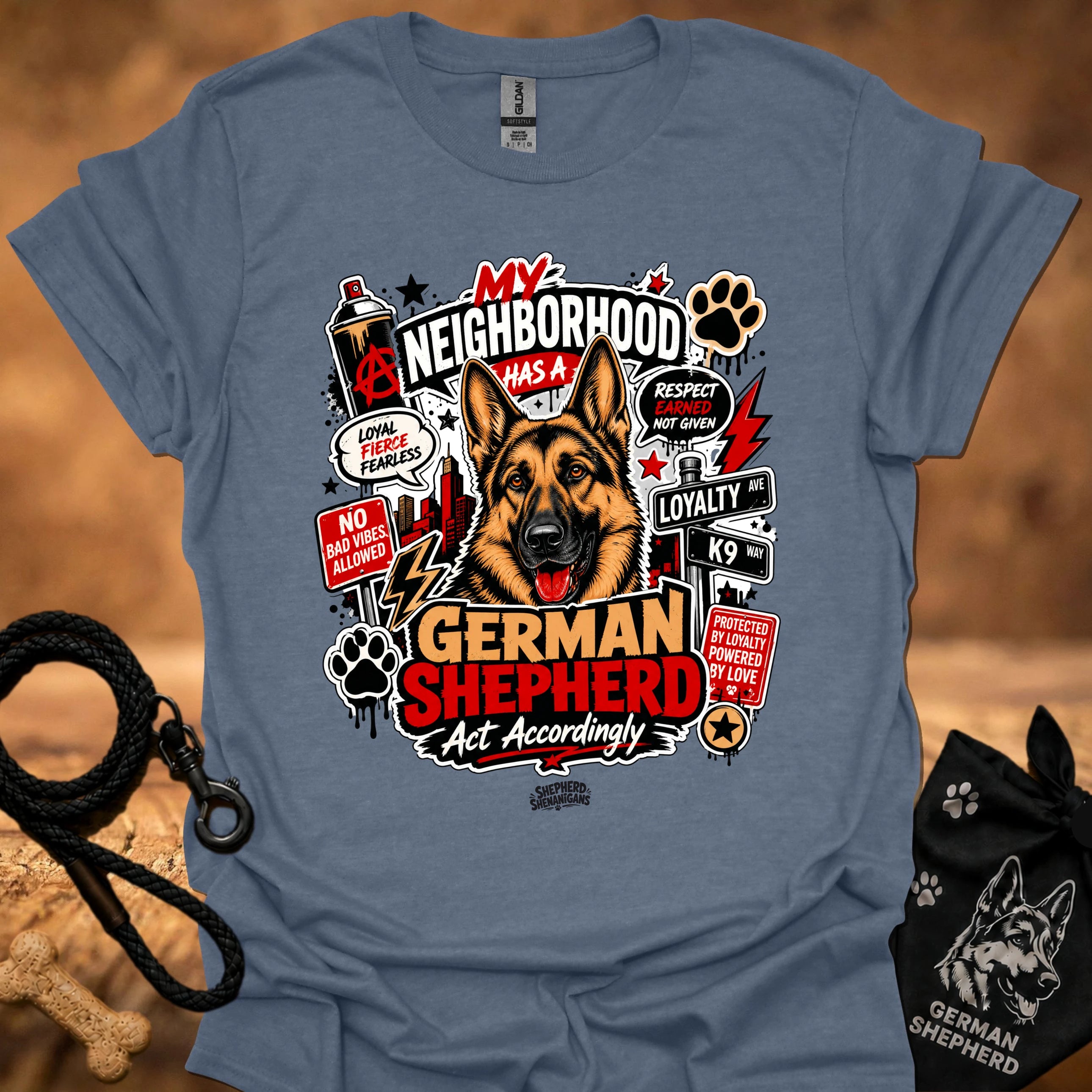 Navy graphic T-shirt with German Shepherd front print and paw icons