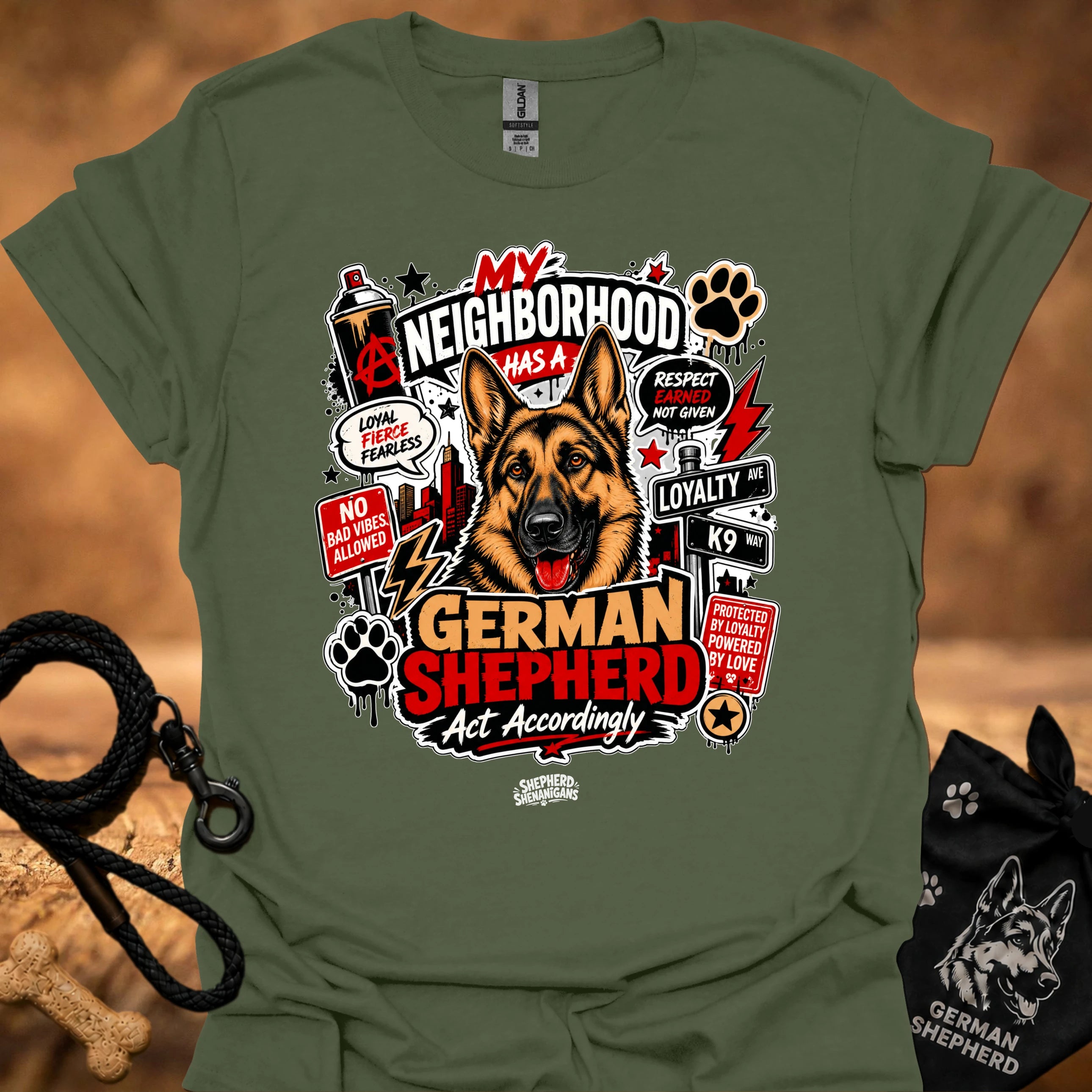 Military green graphic T-shirt with German Shepherd front print and paw icons