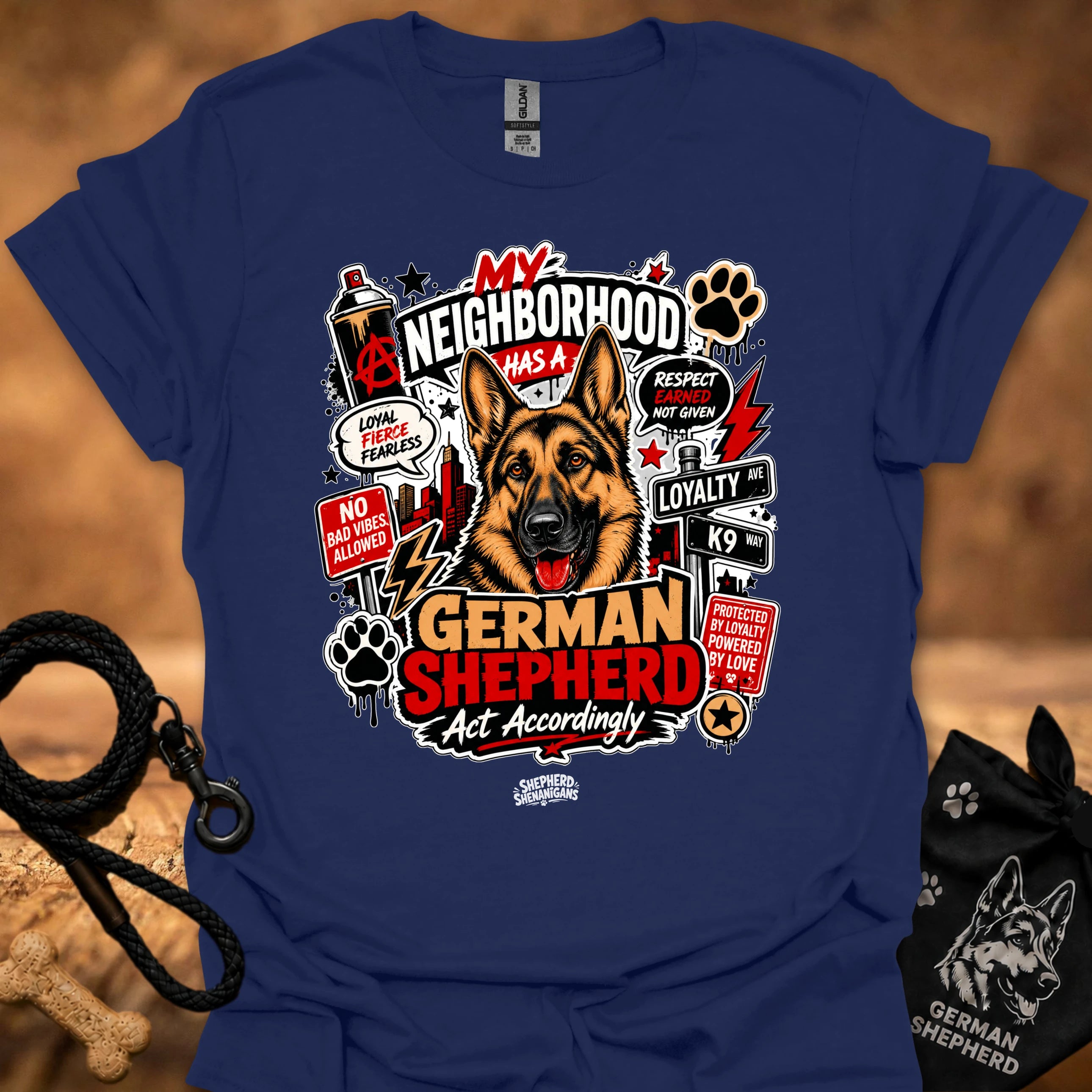 Royal blue graphic T-shirt with German Shepherd front print and paw icons
