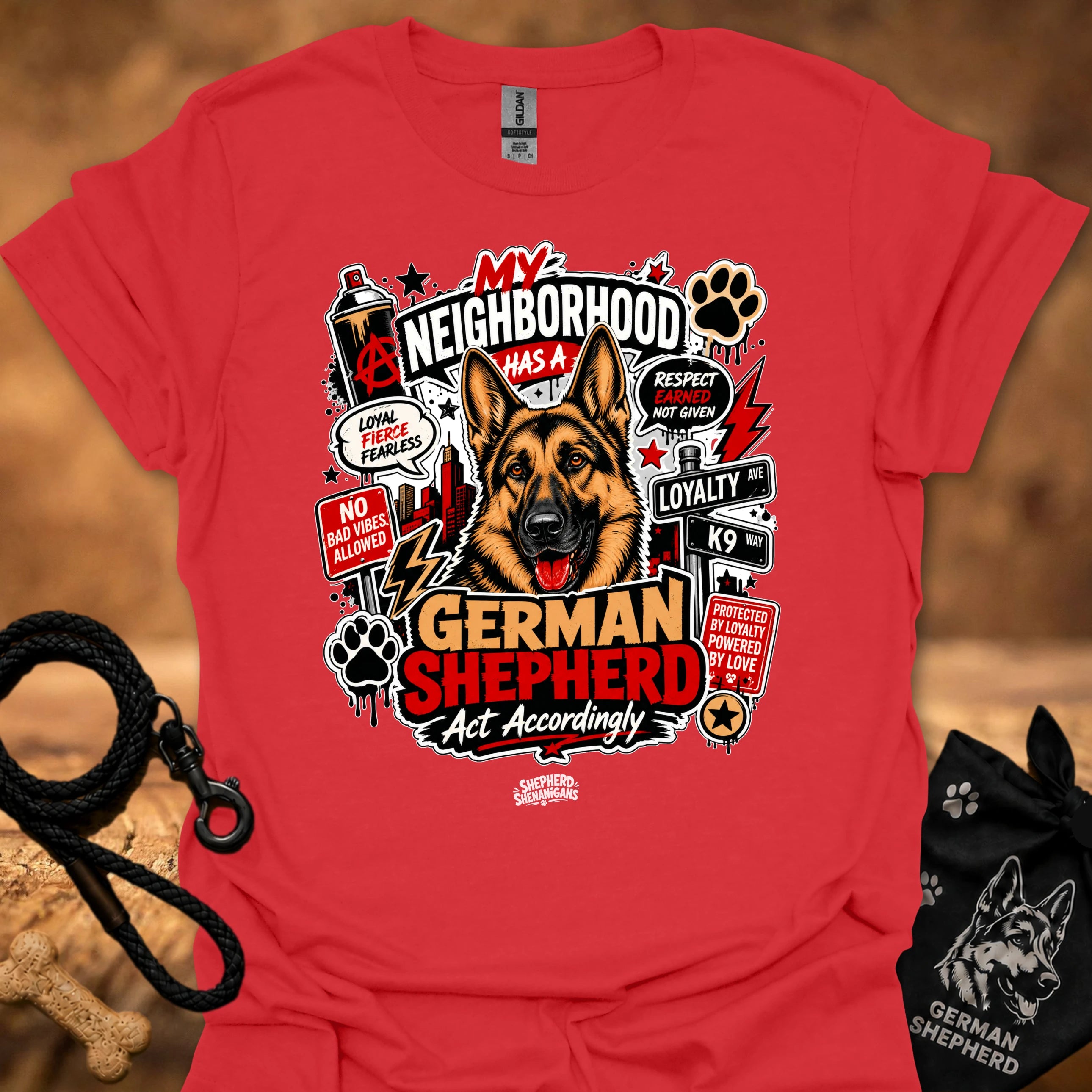 Red graphic T-shirt with German Shepherd front print and paw icons