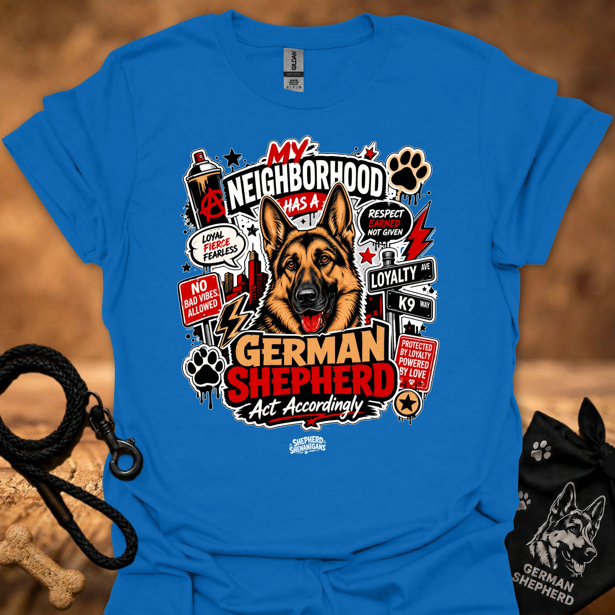 Blue graphic T-shirt with German Shepherd front print and paw icons