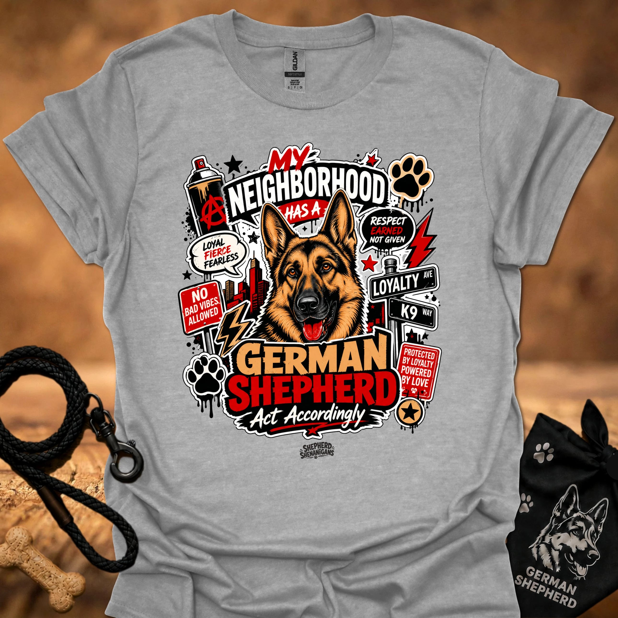 Sport grey graphic T-shirt with German Shepherd front print and paw icons