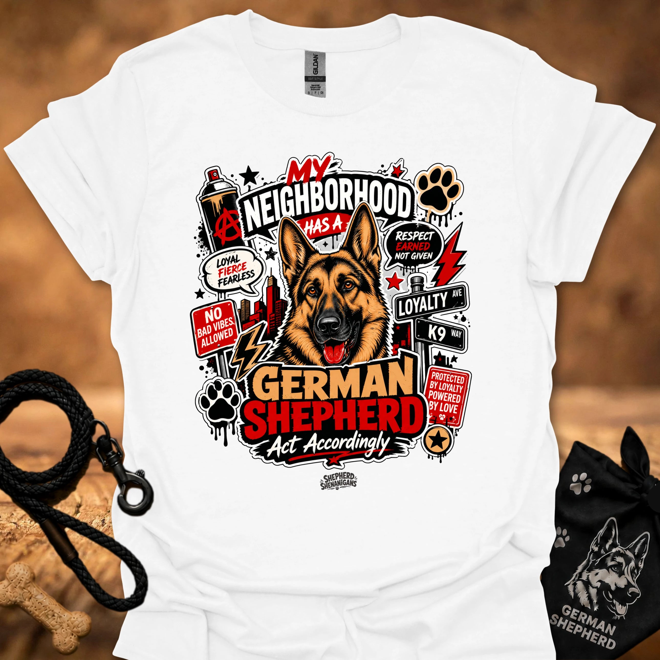 White graphic T-shirt with German Shepherd front print and paw icons