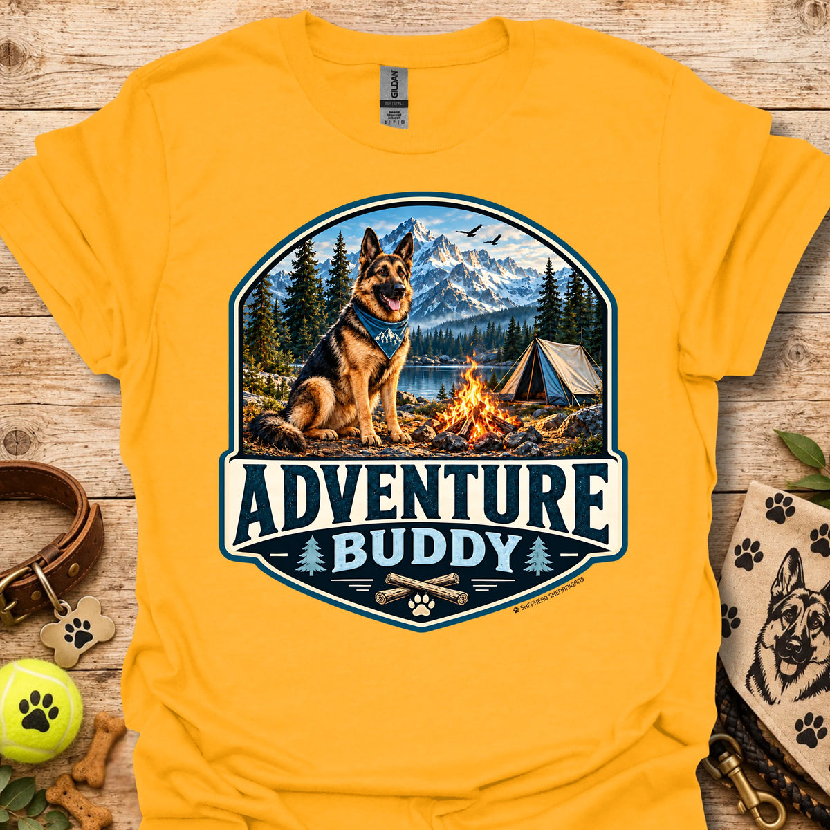 Mustard yellow t-shirt with badge-style camping dog graphic and adventure lettering