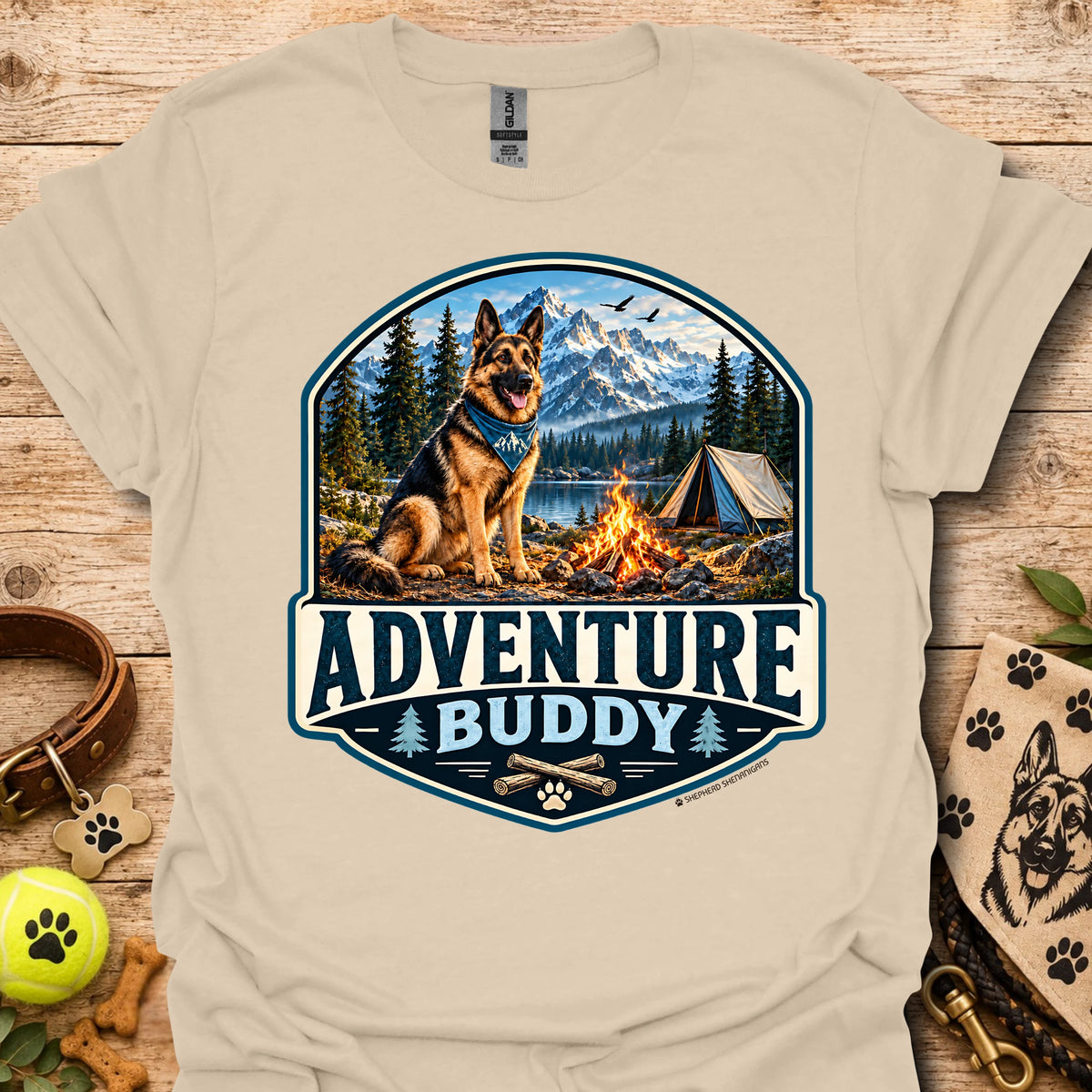 Heather cream t-shirt with badge-style camping dog graphic and adventure lettering