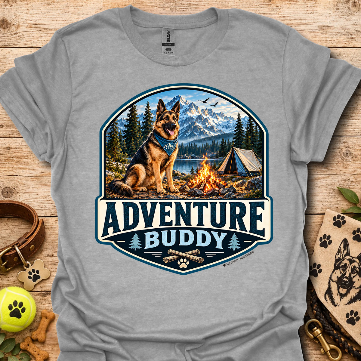 Light gray t-shirt with badge-style camping dog graphic and adventure lettering