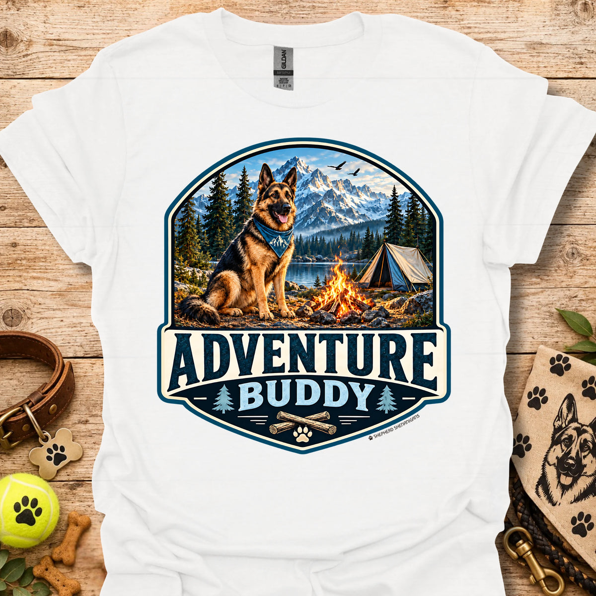 White t-shirt with badge-style camping dog graphic and adventure lettering