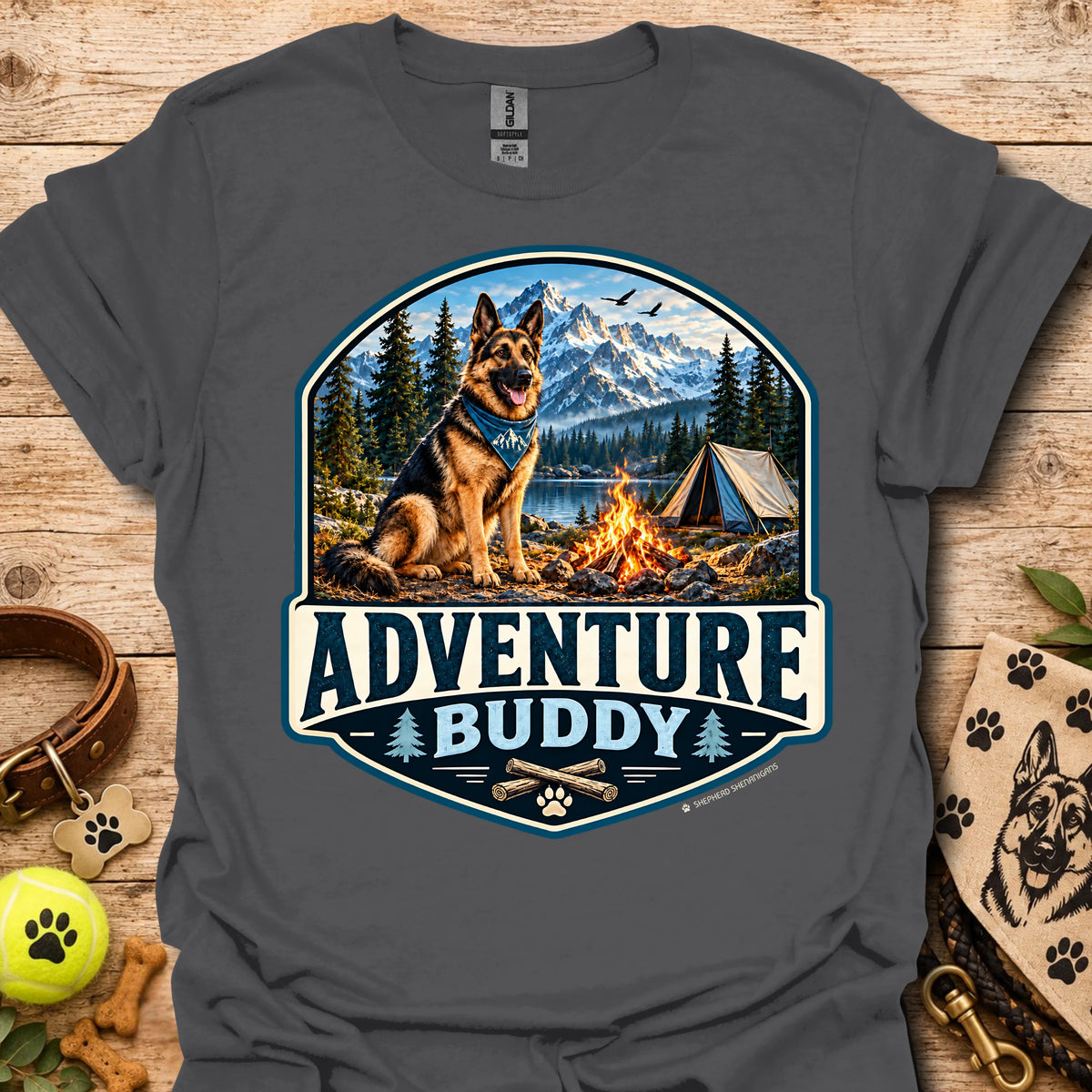 Charcoal t-shirt with badge-style camping dog graphic and adventure lettering