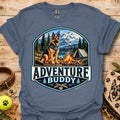 Slate blue t-shirt with badge-style camping dog graphic and adventure lettering