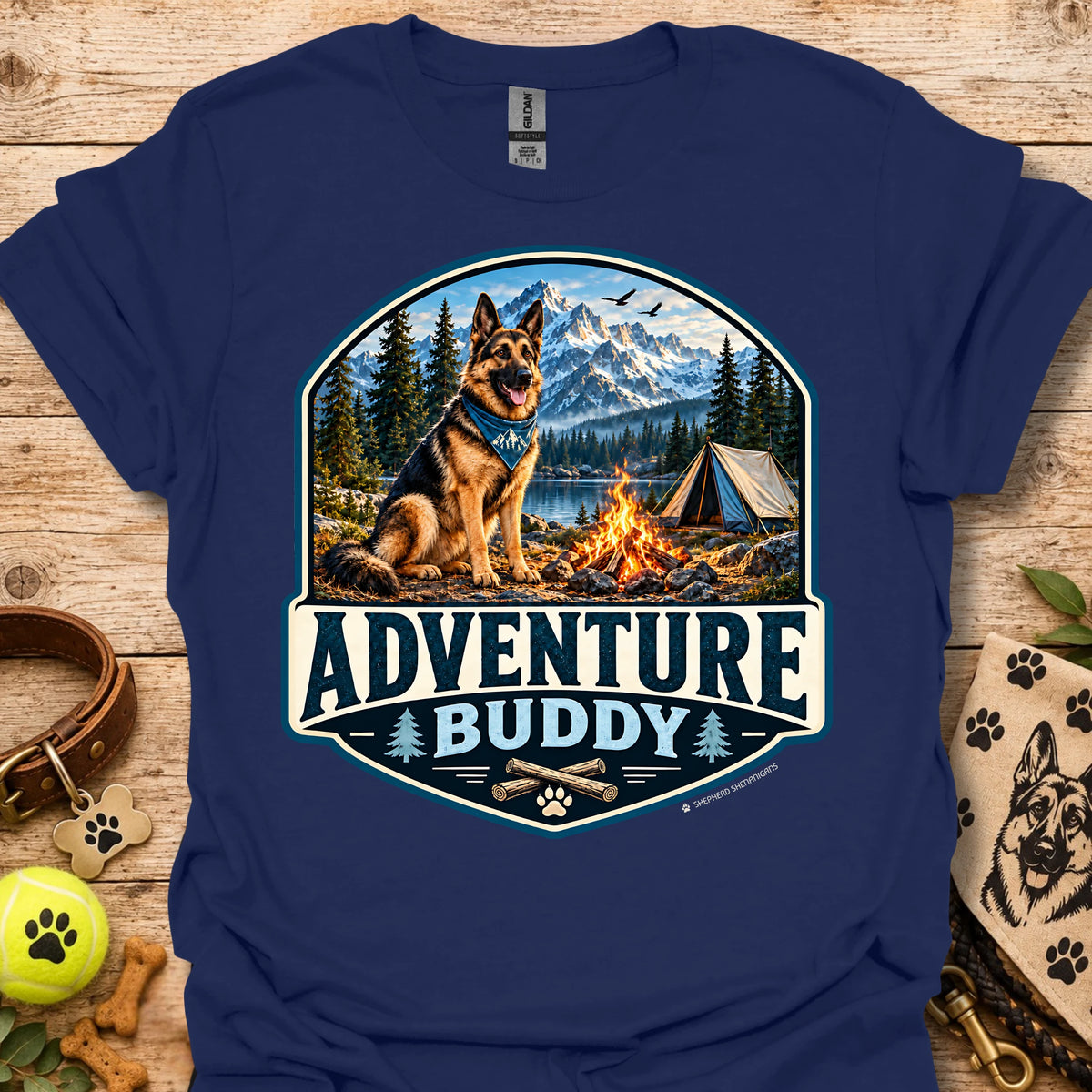 Navy blue t-shirt with badge-style camping dog graphic and adventure lettering