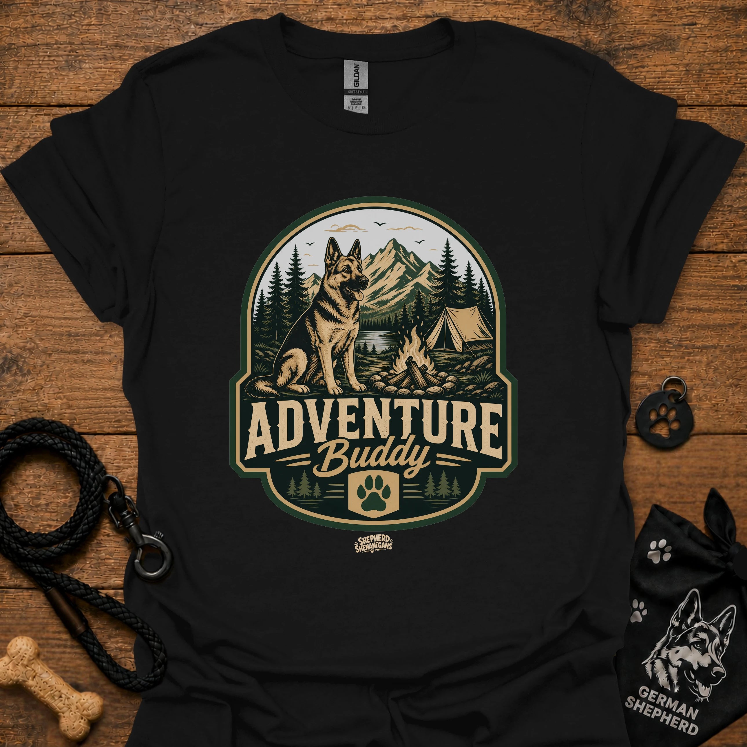 Black dog adventure graphic T-shirt with round “Adventure Buddy” logo