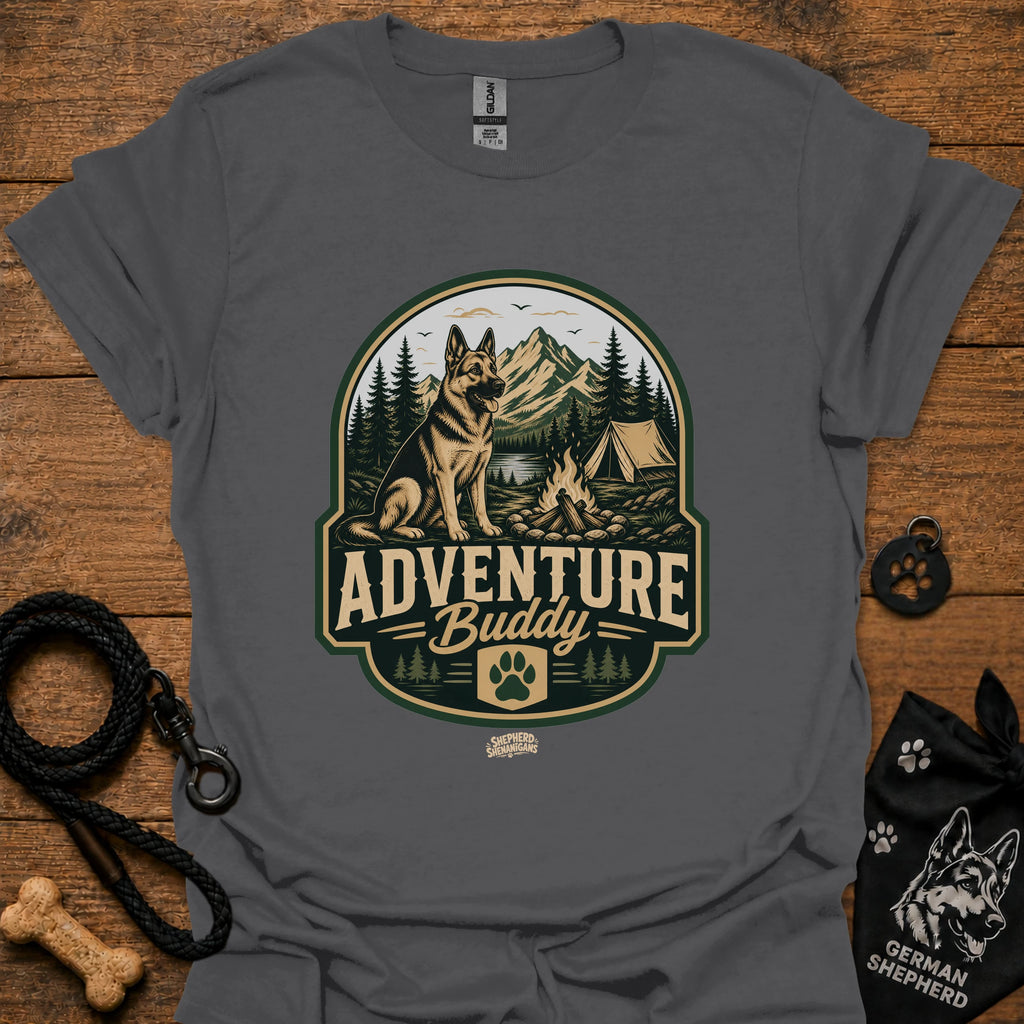Charcoal dog adventure graphic T-shirt with round “Adventure Buddy” logo