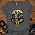 Charcoal dog adventure graphic T-shirt with round “Adventure Buddy” logo