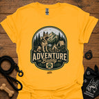 Gold dog adventure graphic T-shirt with round “Adventure Buddy” logo