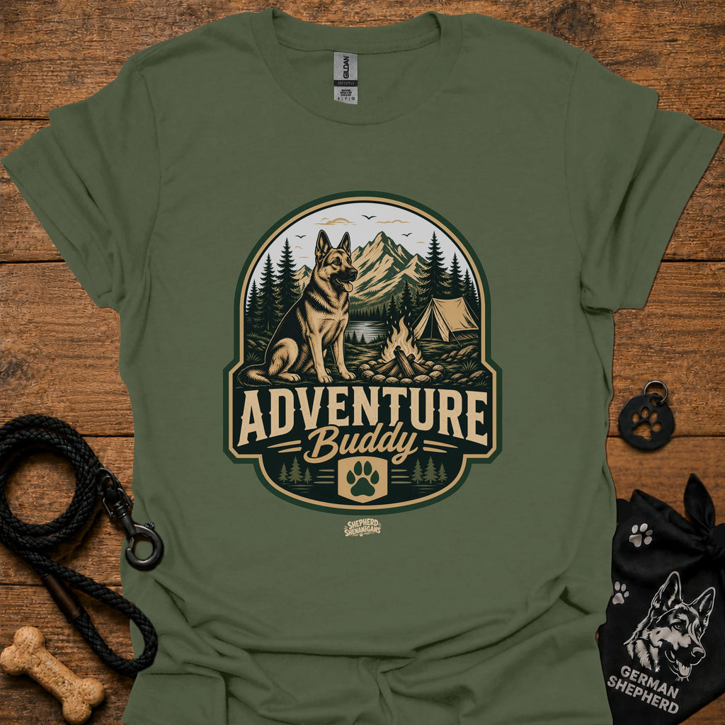 Military green dog adventure graphic T-shirt with round “Adventure Buddy” logo