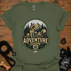 Military green dog adventure graphic T-shirt with round “Adventure Buddy” logo