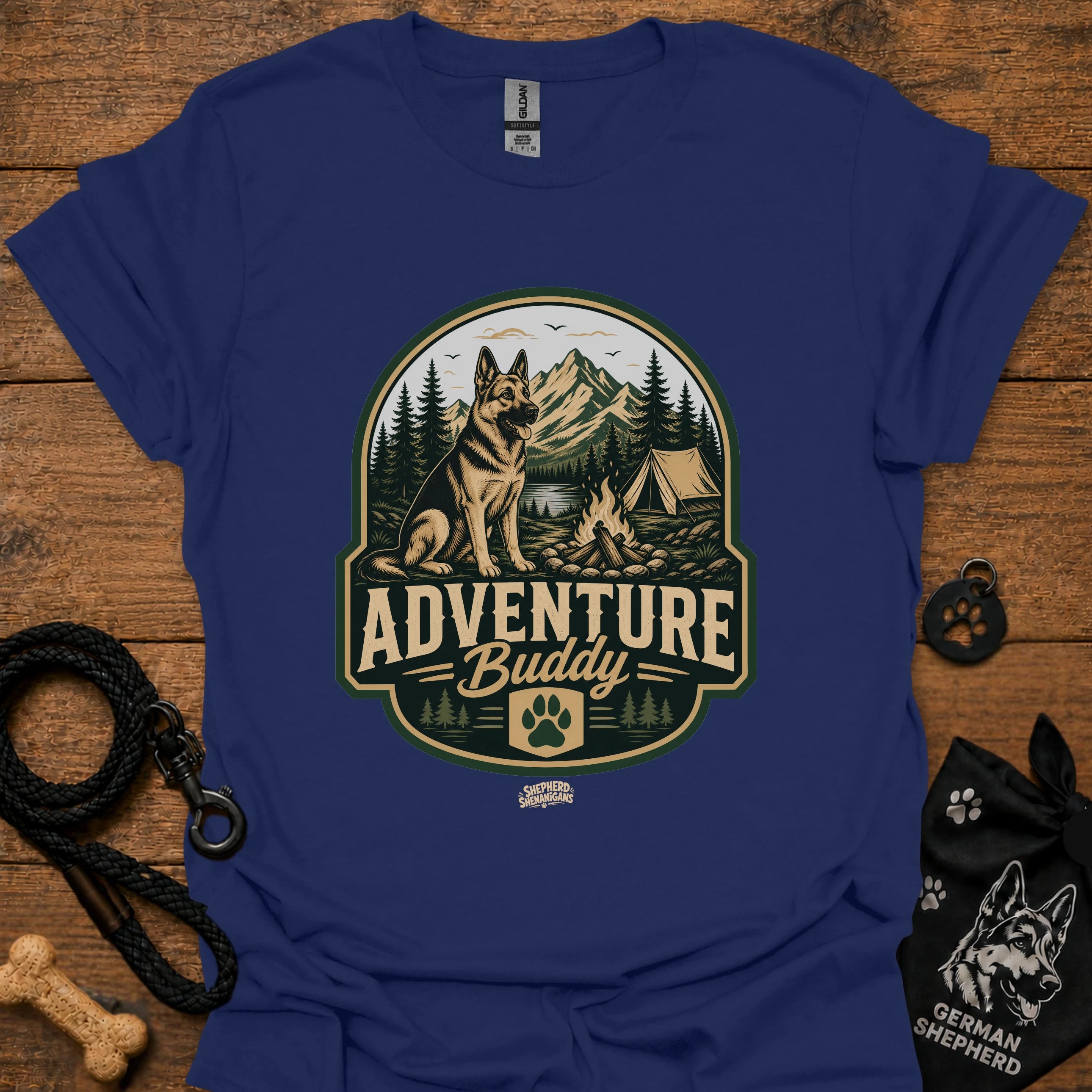 Navy dog adventure graphic T-shirt with round “Adventure Buddy” logo