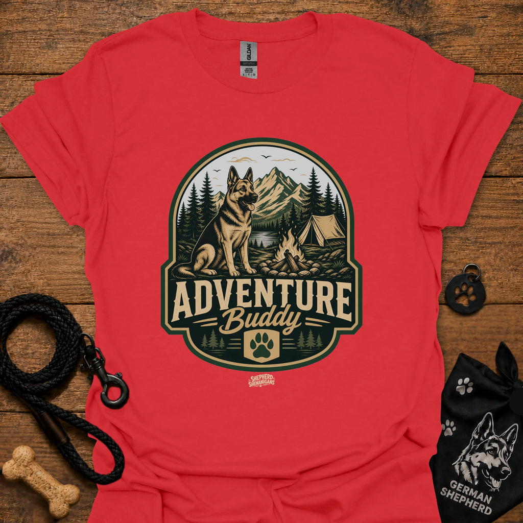 Red dog adventure graphic T-shirt with round “Adventure Buddy” logo