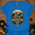 Royal blue dog adventure graphic T-shirt with round “Adventure Buddy” logo