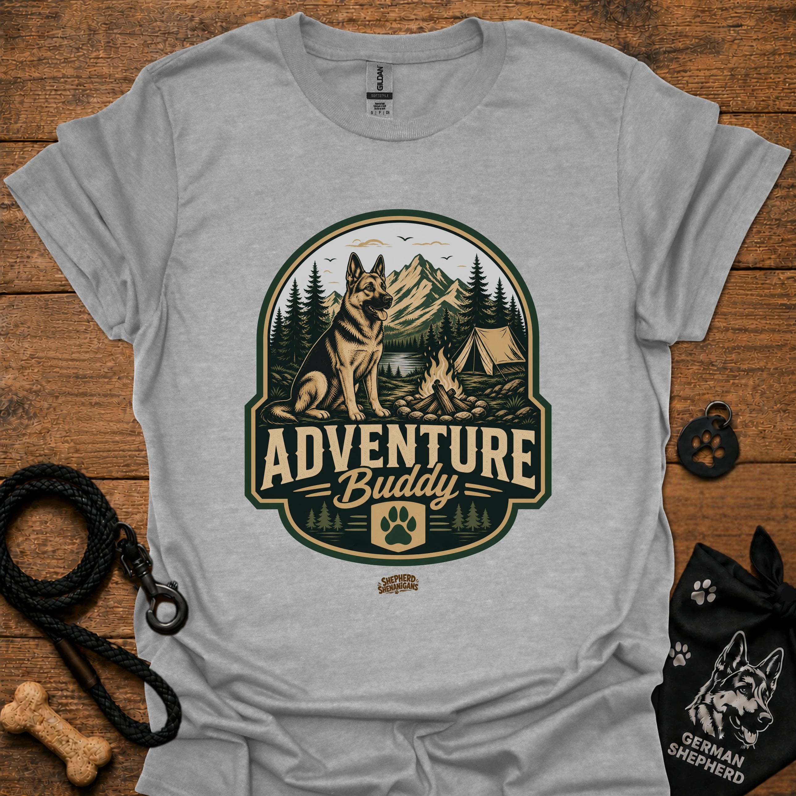 Sport grey dog adventure graphic T-shirt with round “Adventure Buddy” logo