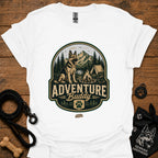 White dog adventure graphic T-shirt with round “Adventure Buddy” logo