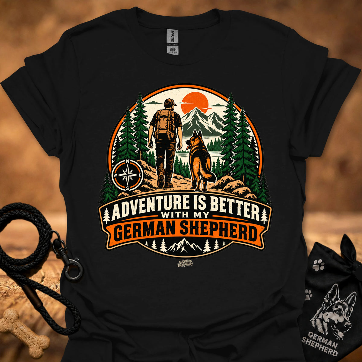 Black German Shepherd adventure graphic T-shirt with large circular front print