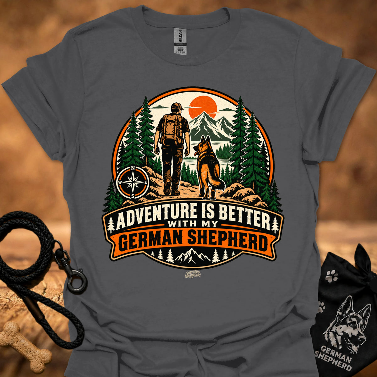 Gray German Shepherd adventure graphic T-shirt with large circular front print
