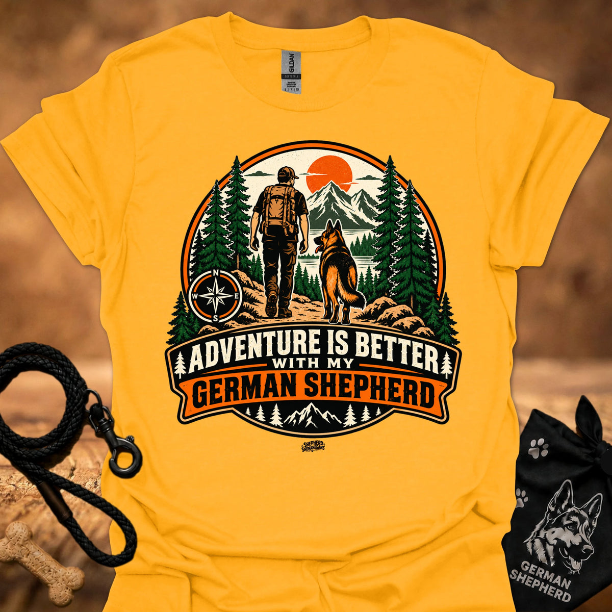 Yellow German Shepherd adventure graphic T-shirt with large circular front print