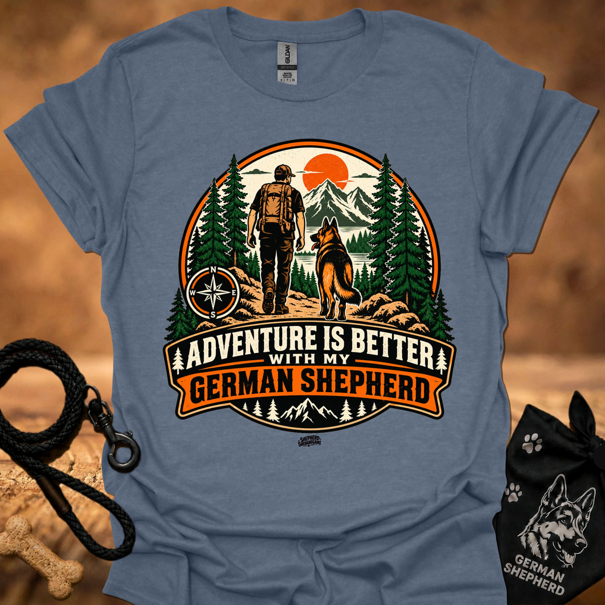 Steel blue German Shepherd adventure graphic T-shirt with large circular front print