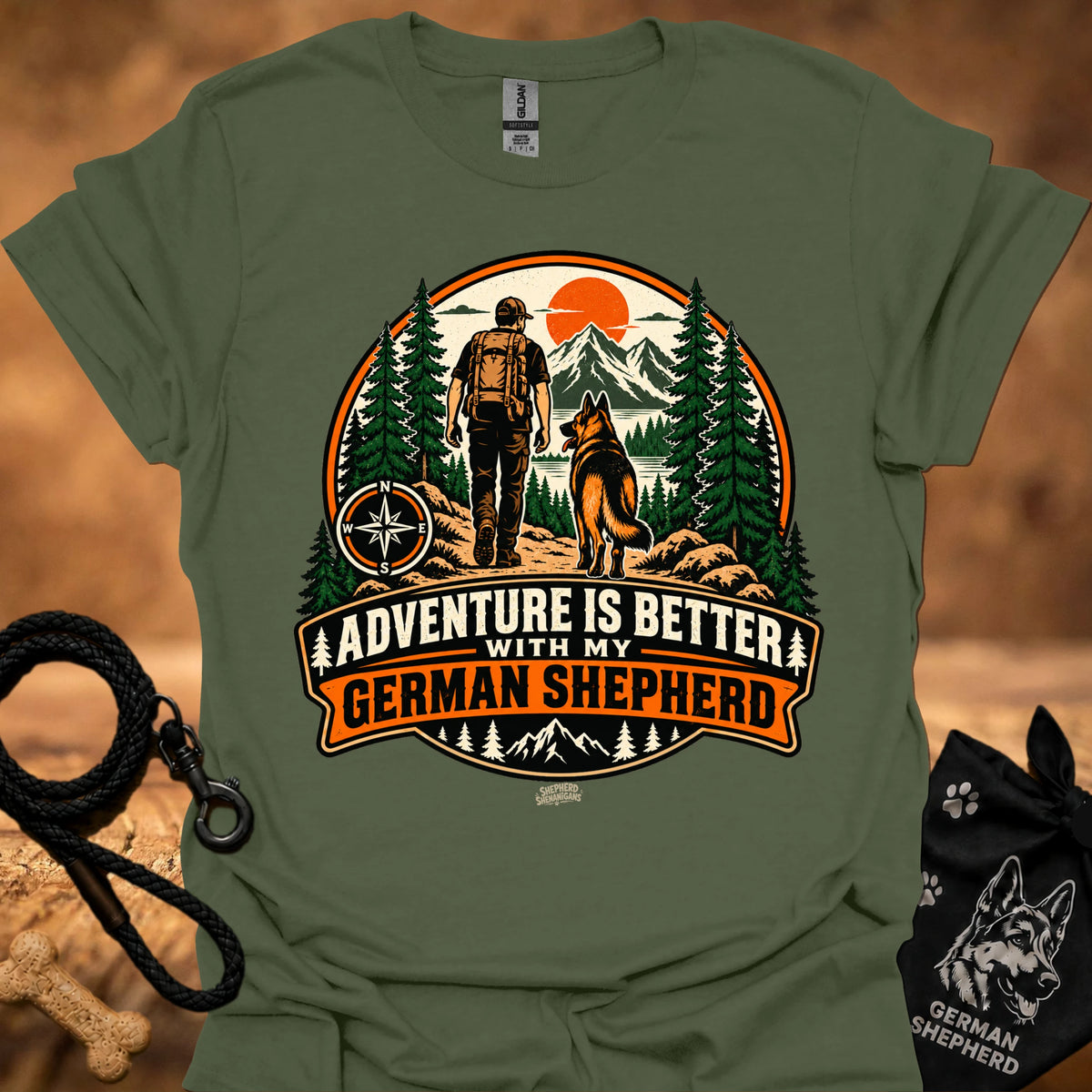 Olive green German Shepherd adventure graphic T-shirt with large circular front print