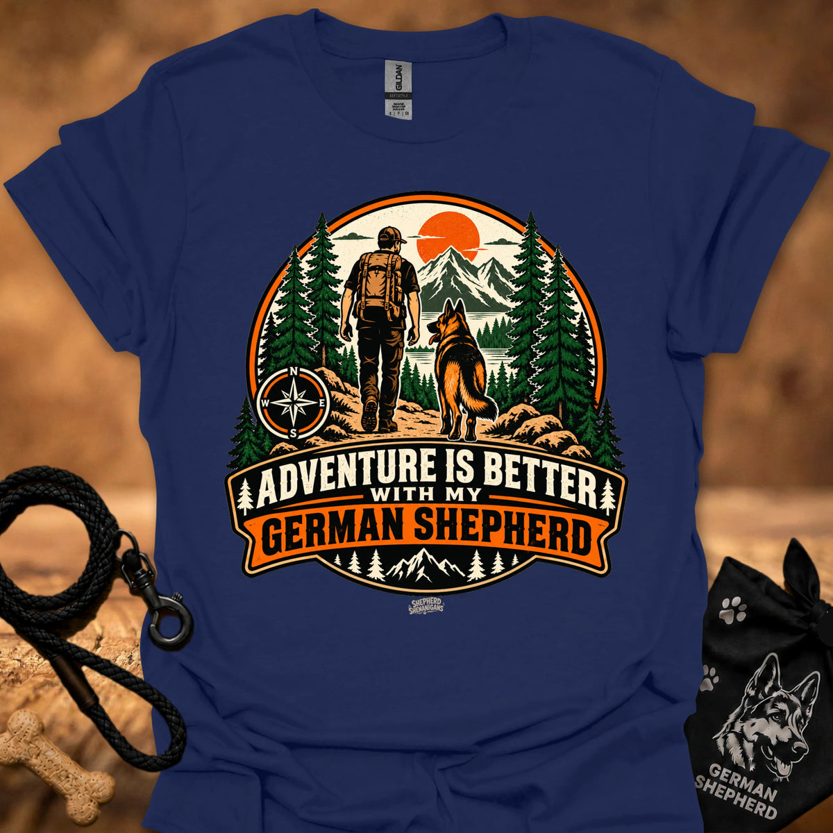 Royal blue German Shepherd adventure graphic T-shirt with large circular front print