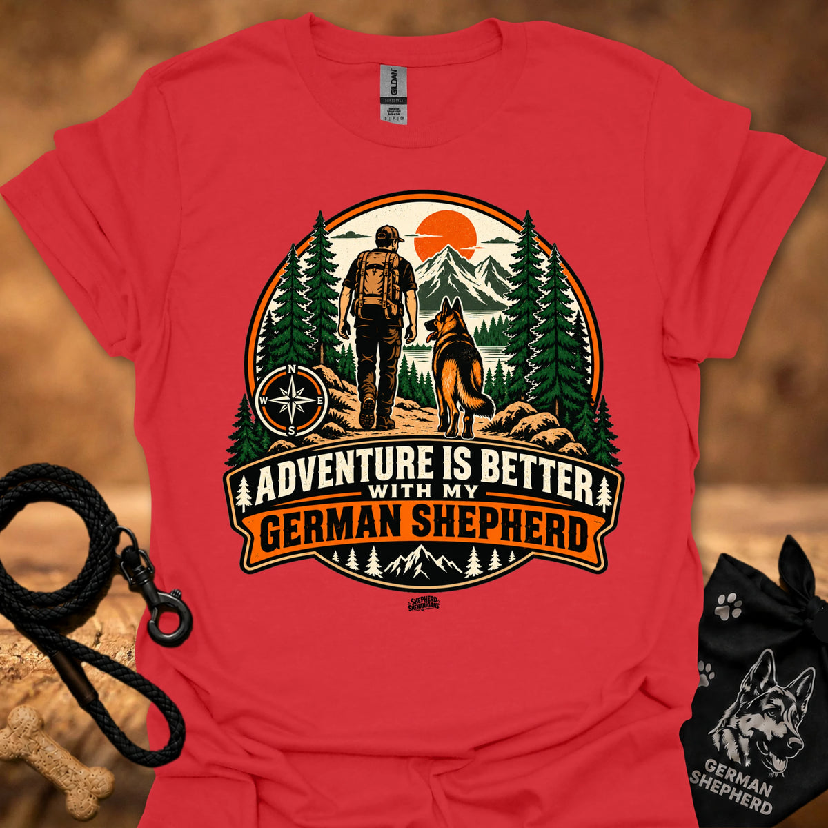 Red German Shepherd adventure graphic T-shirt with large circular front print