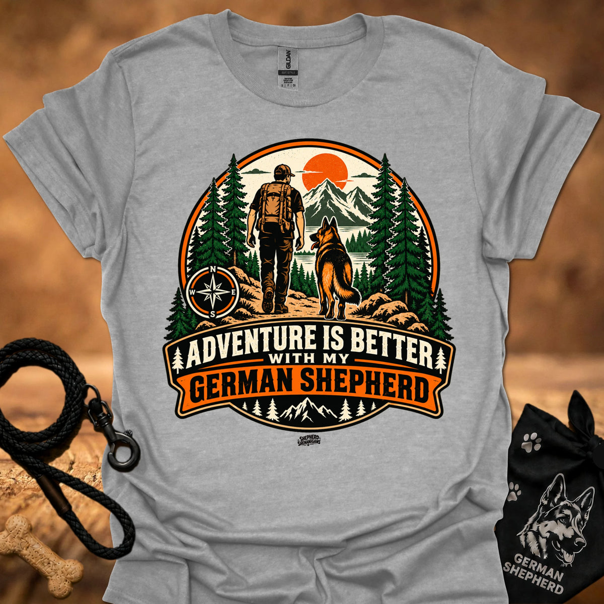 Heather gray German Shepherd adventure graphic T-shirt with large circular front print