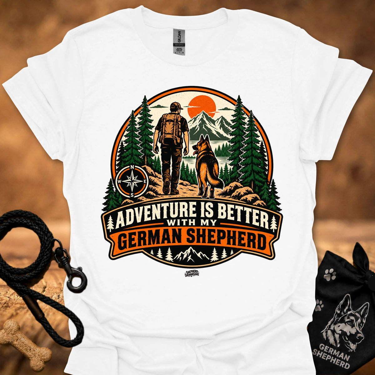 White German Shepherd adventure graphic T-shirt with large circular front print