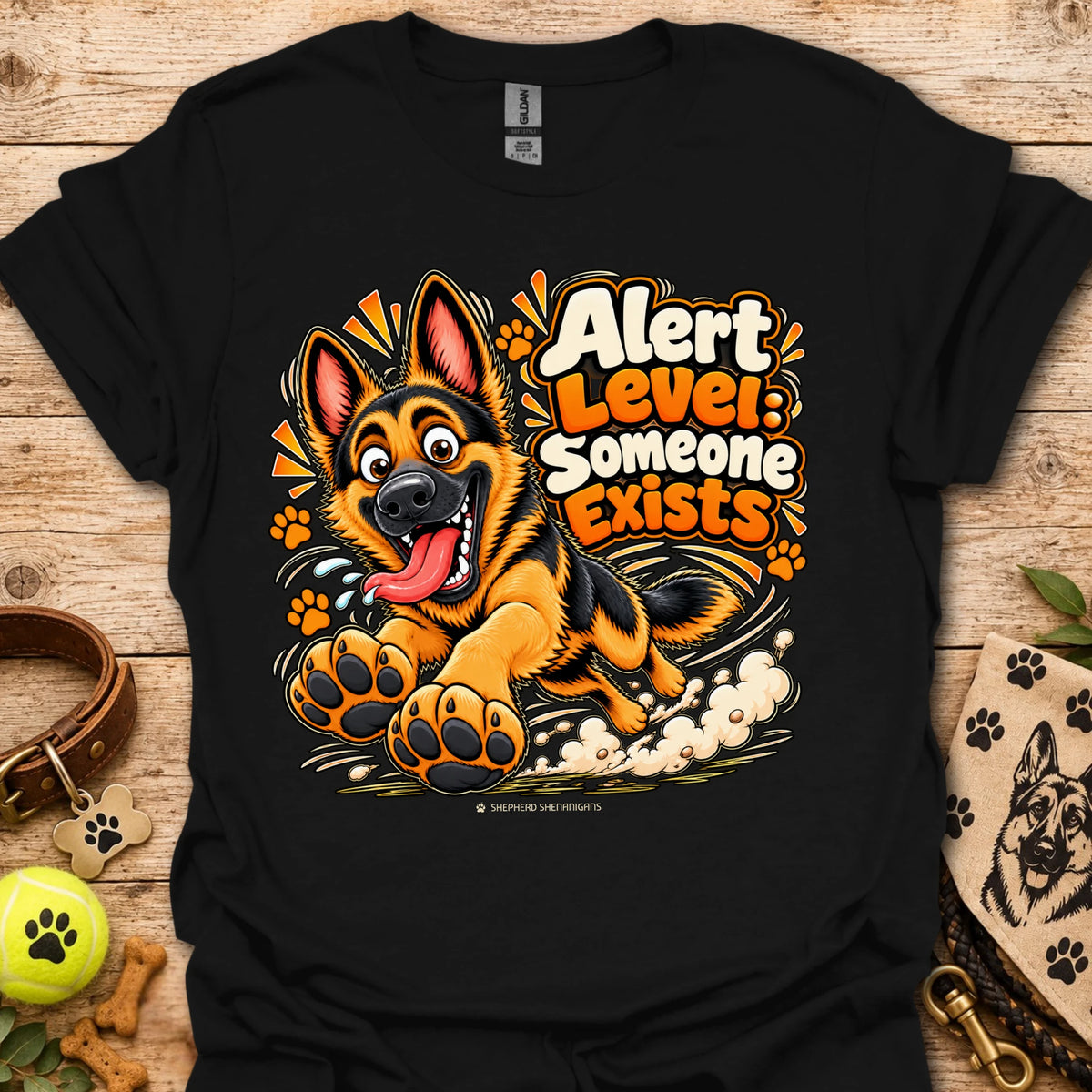 Black crewneck T-shirt with colorful alert dog graphic and paw prints