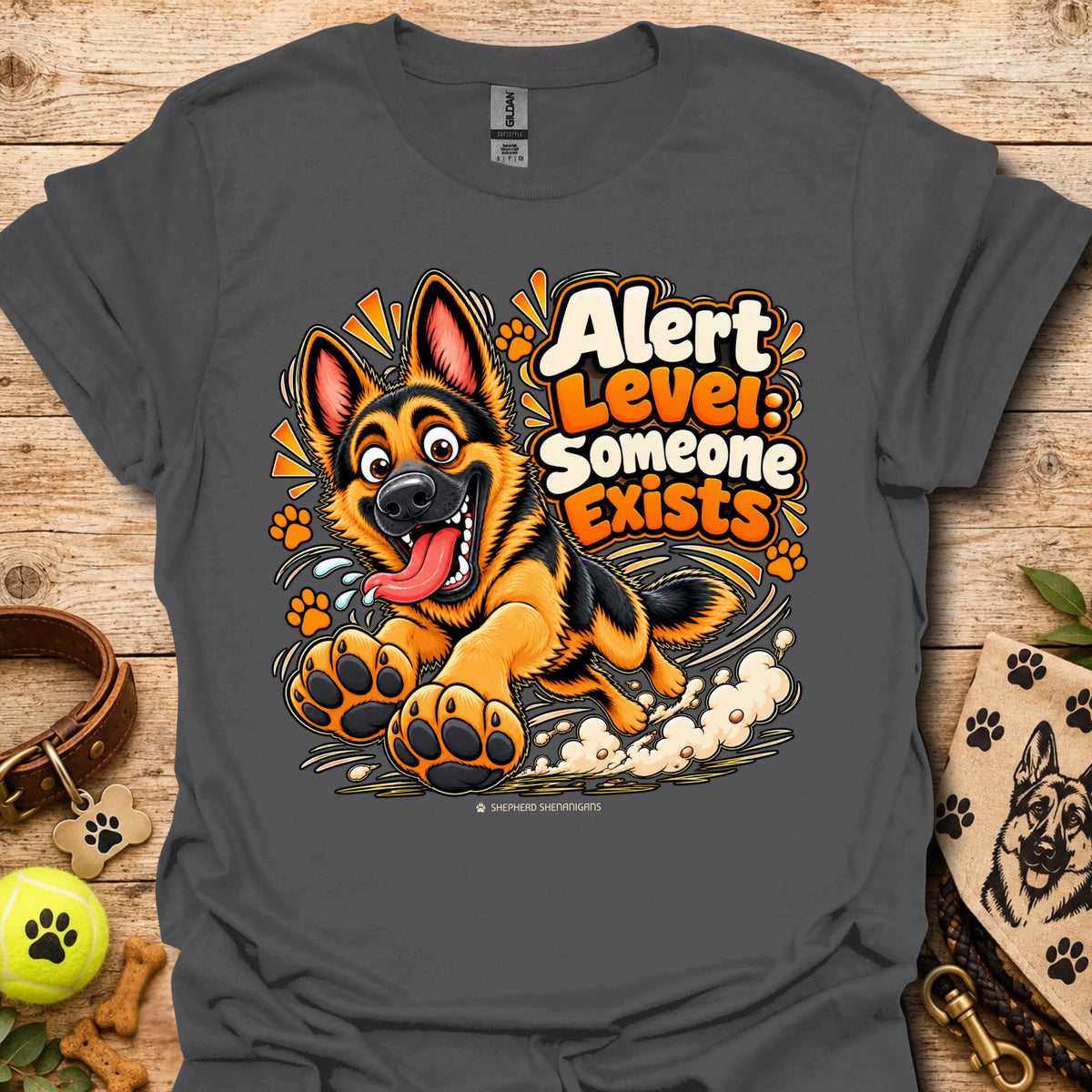 Alert level graphic t-shirt in dark gray with cartoon German shepherd and paws print