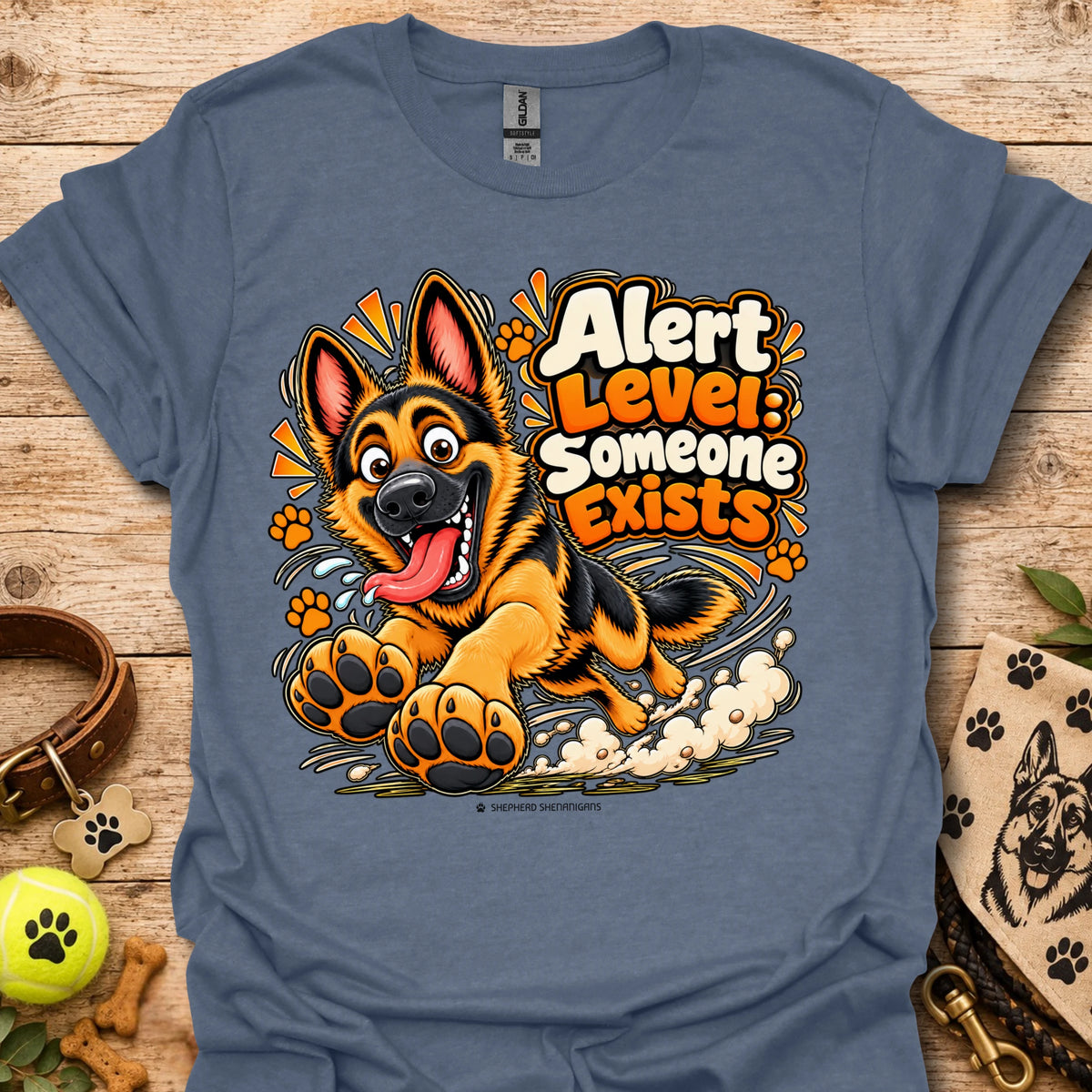 Alert level graphic t-shirt in heather blue with cartoon German shepherd and paws print