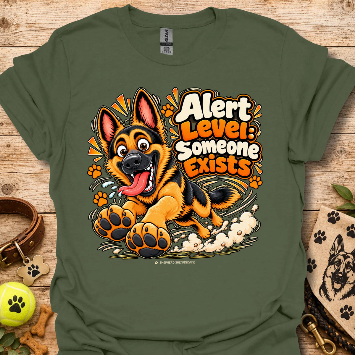 Alert level graphic t-shirt in military green with cartoon German shepherd and paws print