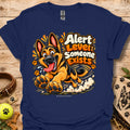 Alert level graphic t-shirt in navy with cartoon German shepherd and paws print
