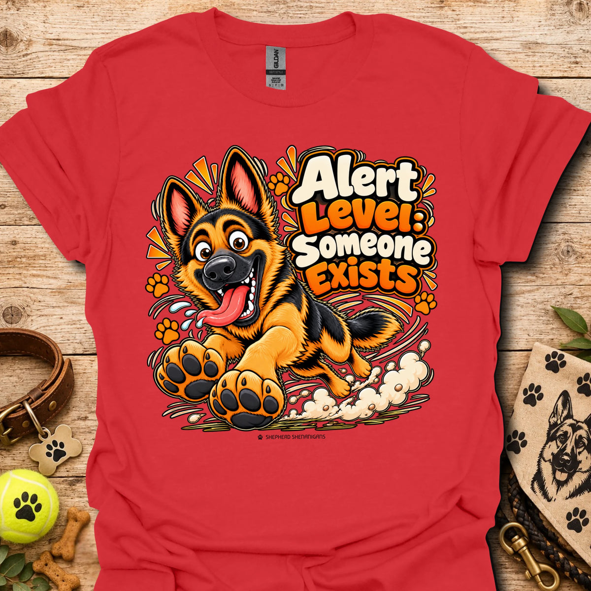 Alert level graphic t-shirt in red with cartoon German shepherd and paws print