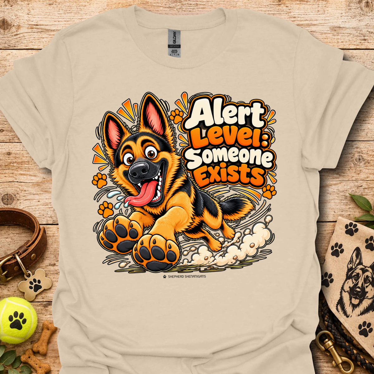 Sand crewneck T-shirt with colorful alert dog graphic and paw prints