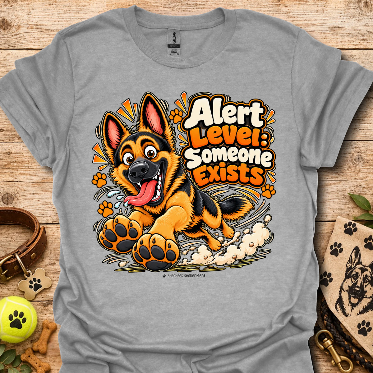 Alert level graphic t-shirt in sport gray with cartoon German shepherd and paws print