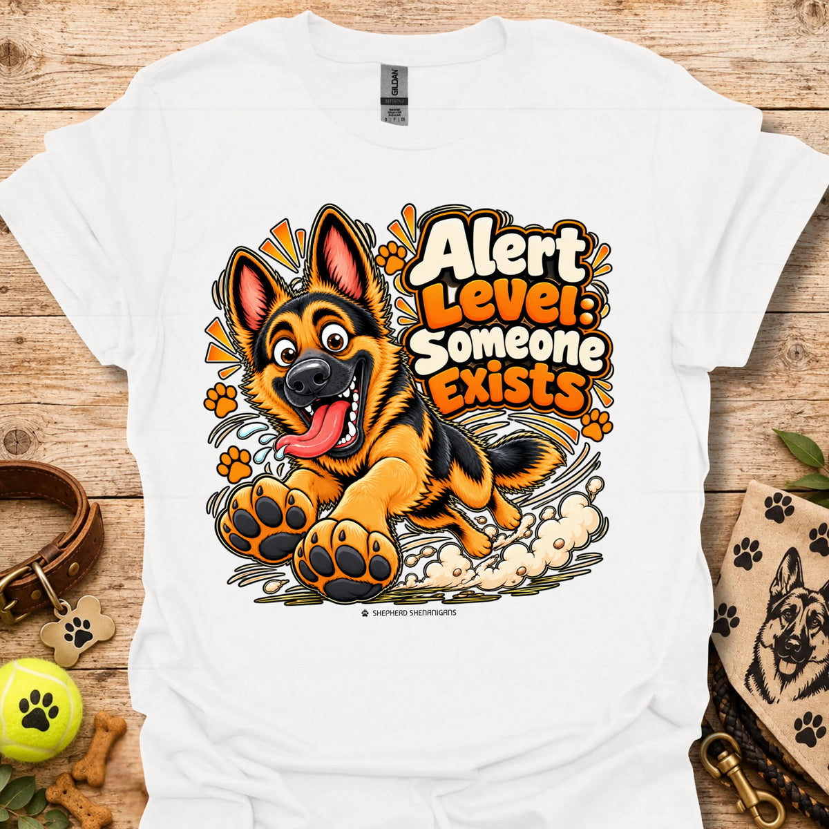 White crewneck T-shirt with colorful alert dog graphic and paw prints
