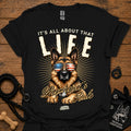 Black T-shirt with German Shepherd graphic wearing USA sunglasses and LIFE text