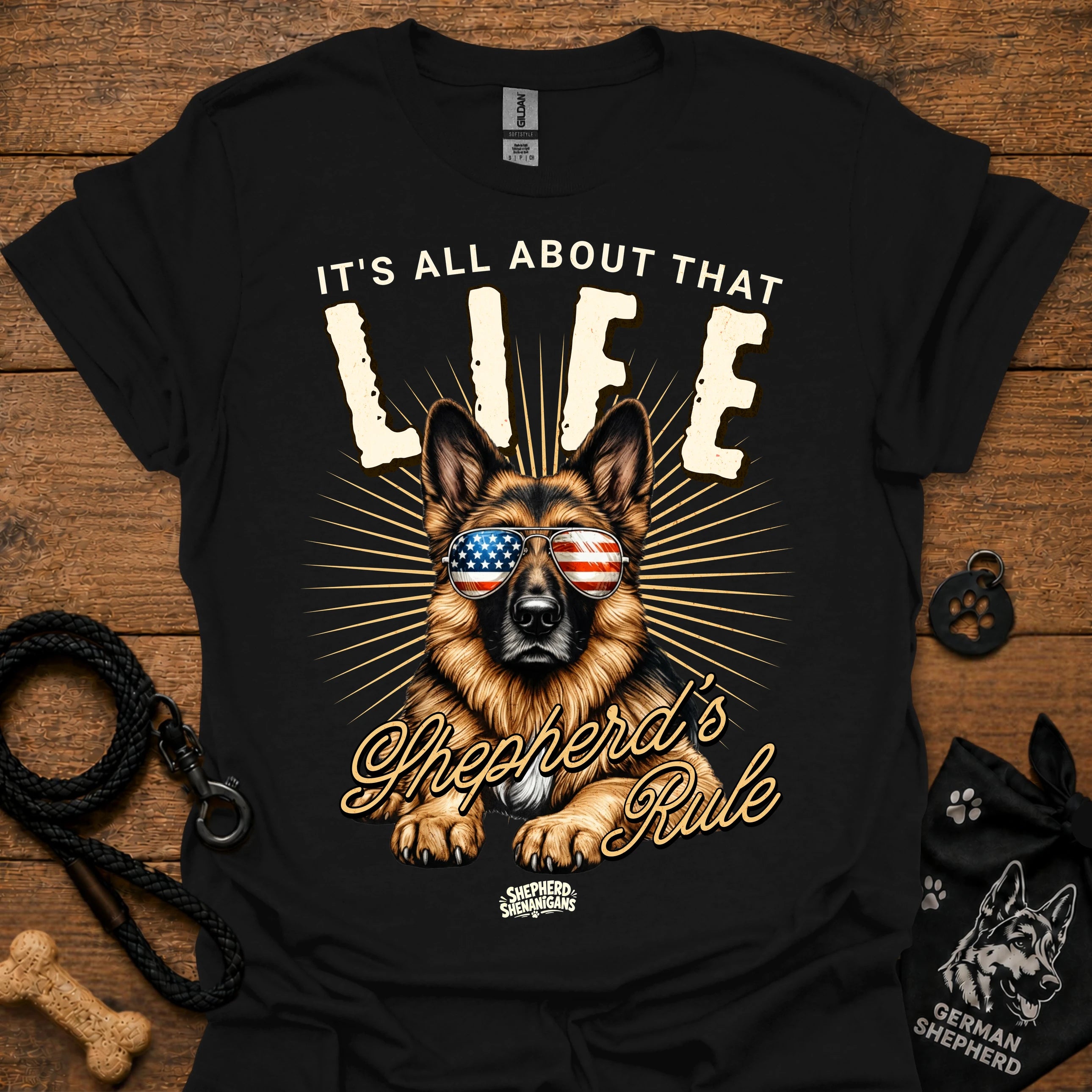 Black T-shirt with German Shepherd graphic wearing USA sunglasses and LIFE text