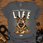 Charcoal T-shirt with German Shepherd graphic wearing USA sunglasses and LIFE text